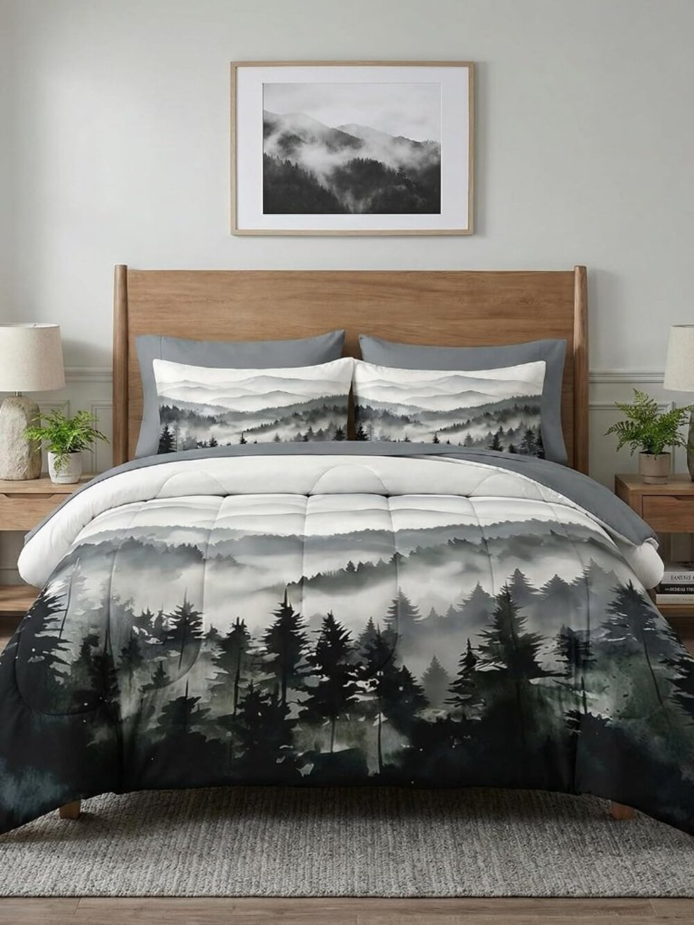 Comforter Set Queen Size, Ink Forest 7 Pcs Bedding for Kids and Adults, Misty Mo